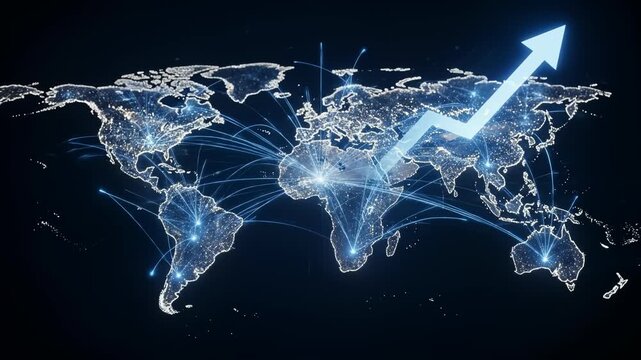 Global economic growth depicted with rising graph over world map and network connections