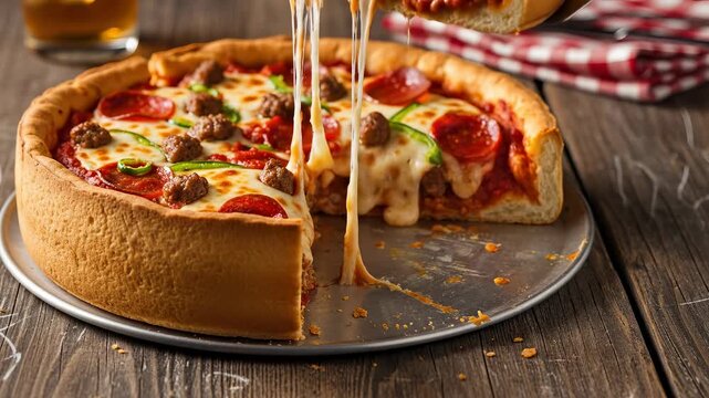 Savory deepdish pizza slice lifted with melty cheese pull at rustic table setting