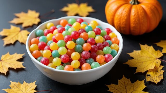 Bowl of colorful candy balls with yellow maple leaves and small pumpkin in autumn setting