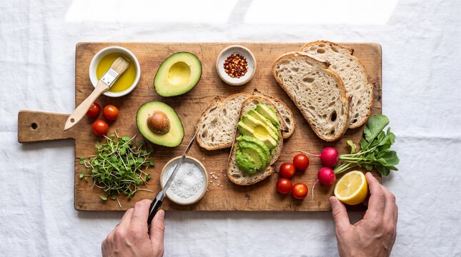 healthy eating ideas, bright flat lay of avocado toast ingredients with fresh and vibrant colors