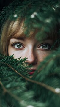 Close-up of a young woman with freckles and green eyes peering through pine needles