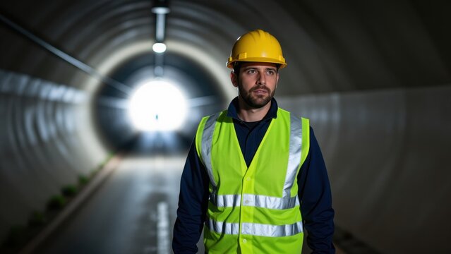 Male construction worker wearing safety helmet and high visibility vest in an industrial tunnel with bright light at the end, emphasizing safety and infrastructure projects