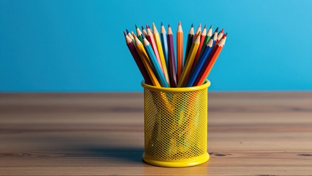 Yellow metal mesh pencil holder filled with colorful colored pencils on wooden surface against blue background