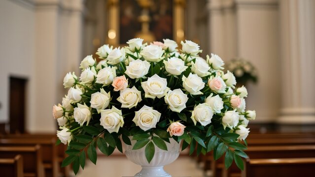 Elegant floral arrangement of white and blush pink roses in a decorative vase, suitable for wedding or formal event decor, centered in classic interior setting