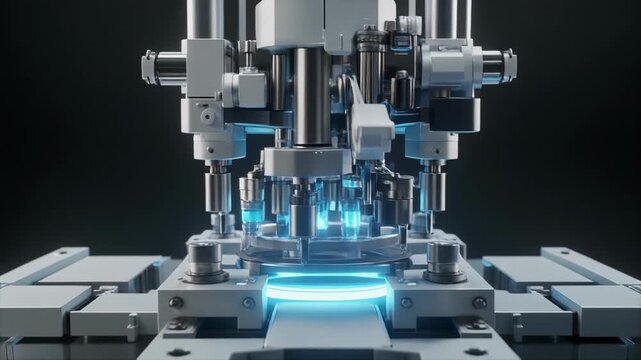 Futuristic robotic assembly line with glowing blue automation technology