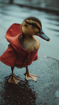 Cute Duckling Wearing a Small Red Raincoat on Wet Ground