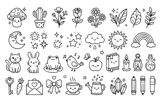 Cute Kawaii Nature And Cute Object Doodle Vector Set Line Art Icon Collection
