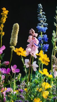 Macro Close-up of Vibrant Wildflower Variety with Yellow, Pink, and Blue Blossoms