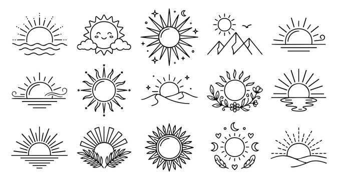 Sun And Sunrise Line Art Logo Icon Set Sunburst Minimalist Vector Collection