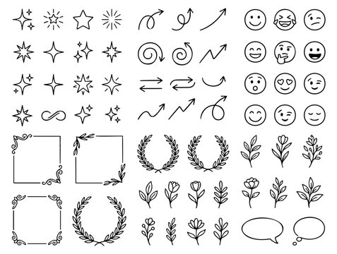 Doodle Decorative Element Set Arrow Sparkle Emoji Floral Wreath Vector Collection