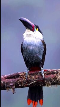 Collared Aracari toucan perched on a branch holding a red berry in its beak in the wild.