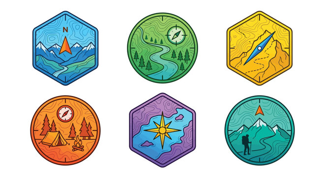Adventure Hiking Badges and Camping Icons Set with Topographical Maps