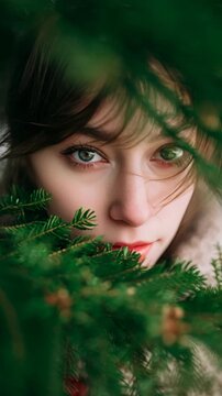 Young Woman Peering Through Pine Branches