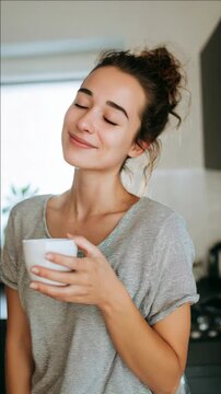 Woman Smiling with Eyes Closed Holding a Mug of Coffee in a Cozy Home