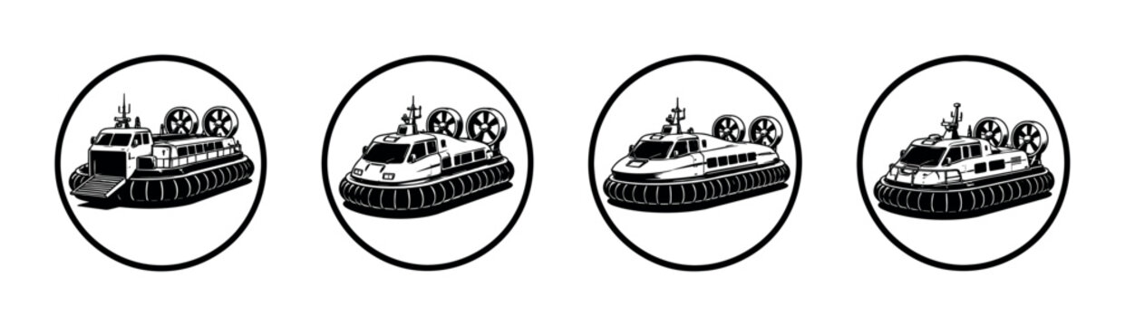 Set of four black and white hovercraft icons in circular frames