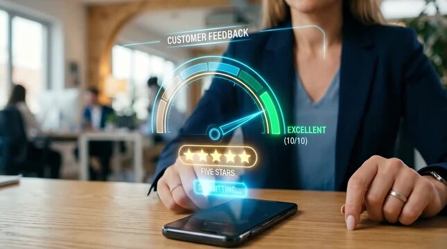 Woman submitting customer feedback using holographic interface