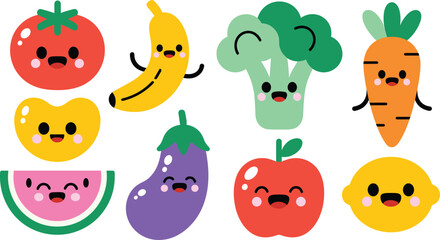 Fototapeta premium Adorable collection of cute organic farm vegetables and sweet fruits cartoon mascot characters with smiling happy faces tomato banana broccoli carrot eggplant apple and lemon