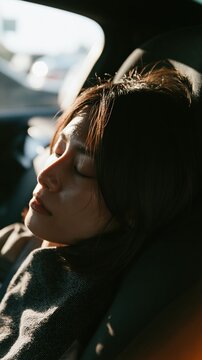 A young woman sleeping peacefully in a car creates a calm travel lifestyle visual emphasizing comfort, rest, and modern transportation.