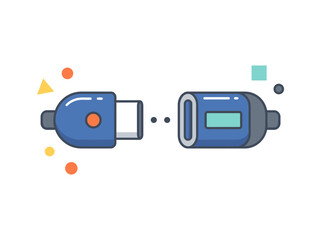 Naklejka premium Minimal flat vector illustration of two disconnected plug connectors facing each other, symbolizing broken connection, network interruption, technical failure and digital troubleshooting. 