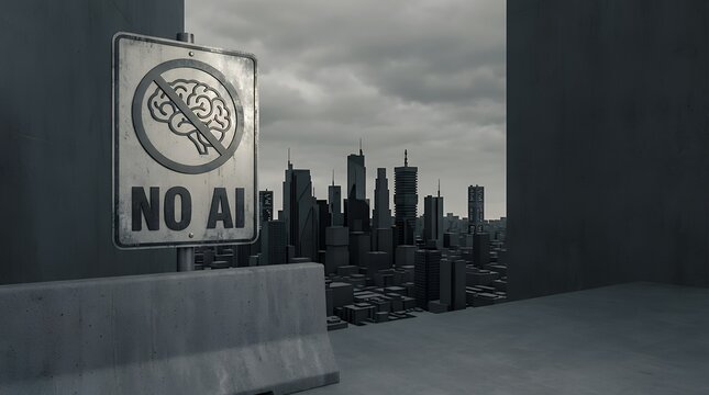 3D render of a stark and warning concept regarding artificial intelligence featuring a "No AI" warning sign prominently displayed in front of a city view symbolizing caution or opposition to AI