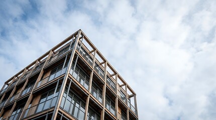 Naklejka premium Exterior view of living building real estate object with external facade frame walls and windows in foreshortening from below against cloudscape background representing architecture and property