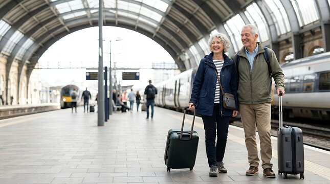 Cheerful mature couple of passengers with luggage at railway station representing travel and journey mature at railway station Cheerful mature of passengers with luggage at railway station journey