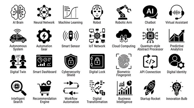 Digital transformation icons represent advanced computing systems and automated business processes.