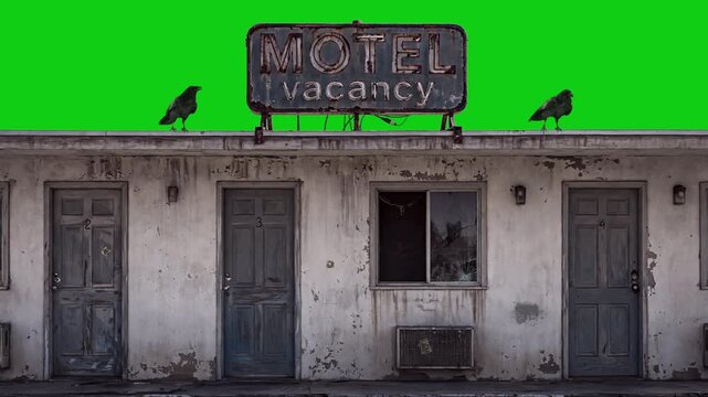Two ravens on abandoned motel green screen