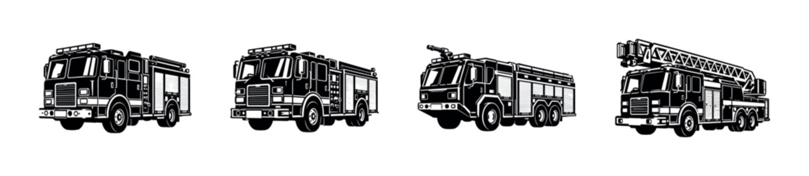 Collection of four different types of fire trucks in black and white illustration