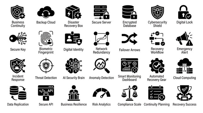 Disaster recovery and secure server icons collection presented as clear black glyphs on transparent background.