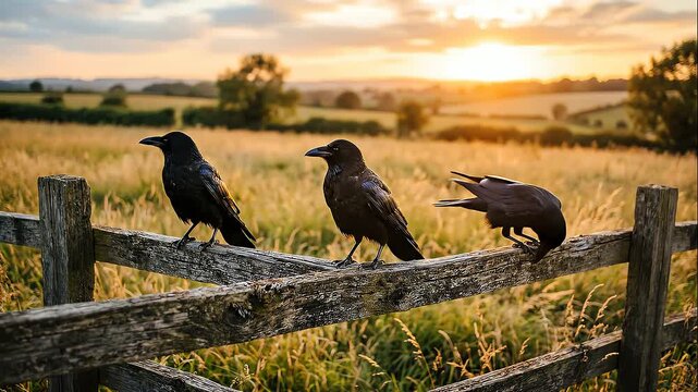 Three crows on a wooden fence
