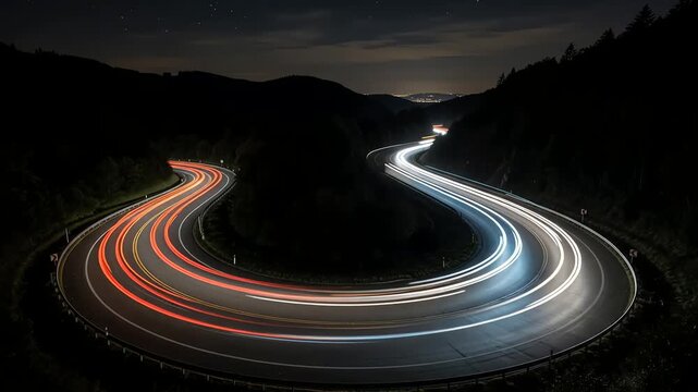Traffic light trails on a curved highway
