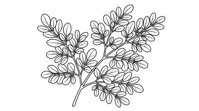 Black and white line art illustration of a moringa branch with delicate leaves, isolated on white background