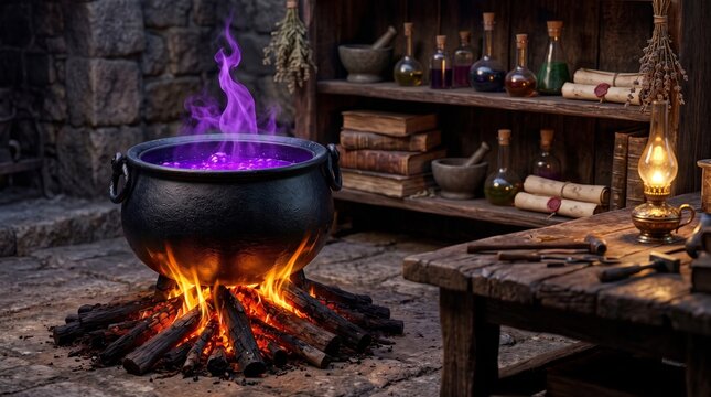 A bubbling cauldron with magical purple liquid.
