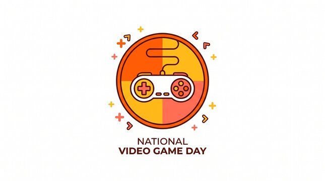 Retro video game controller celebration emblem.
