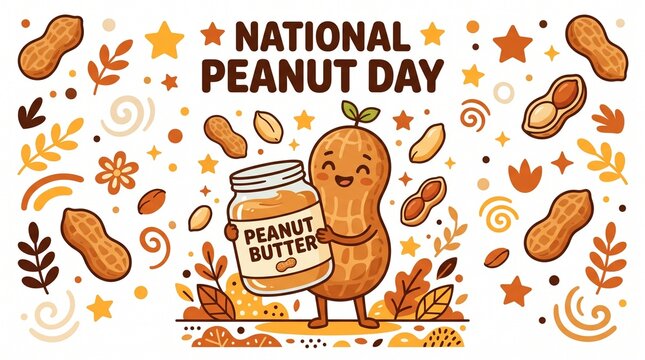 Happy peanut character holding peanut butter jar.
