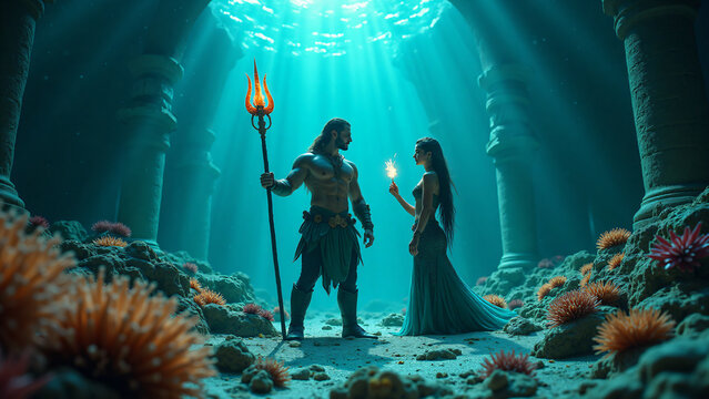A heroic merfolk warrior with glowing trident stands beside a water sorceress casting magic