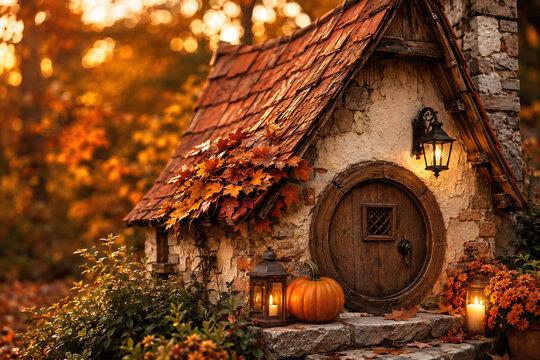 Autumn Cottage with Lanterns