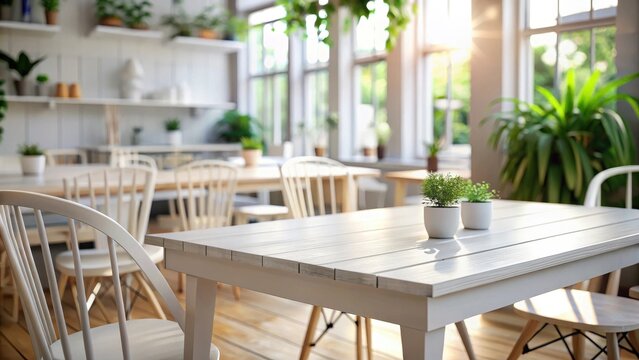 White wooden table in blurred bright cafe