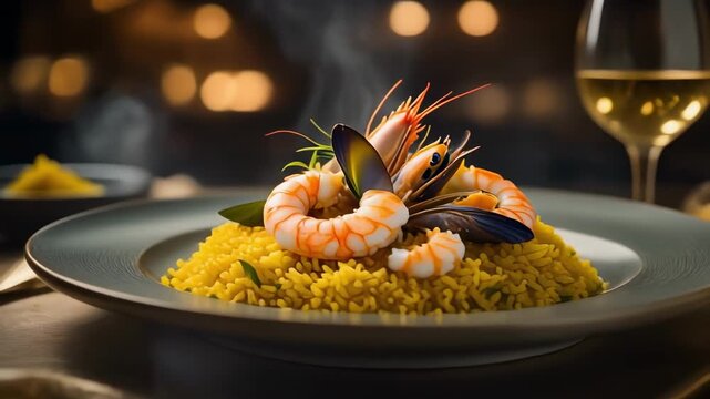 Gourmet seafood paella with shrimp and mussels on a dark restaurant table
