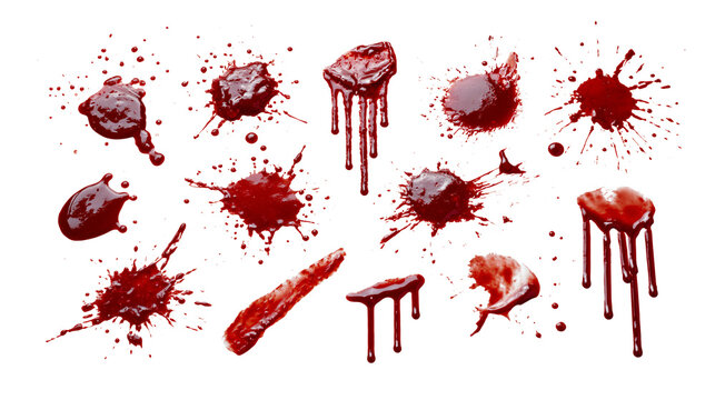 Realistic blood splatter set PNG isolated on transparent background, red blood stains drips and droplets overlay for Halloween horror and crime scene design