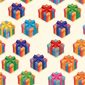 Tileable pattern with rainbow gift packages creates a seamless pattern