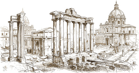 Ancient Roman Forum ruins vector drawing with temple of saturn columns triumphal arch and cathedral dome background © MSTRUBINA