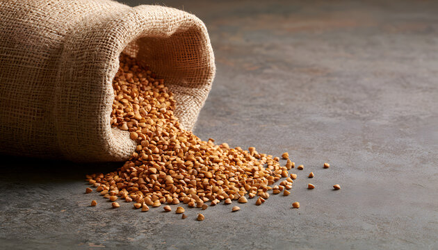 Buckwheat Groats Pouring from a Burlap Bag Laid on a Textured Stone Base in a Minimalist Digital Illustration for Food Packaging