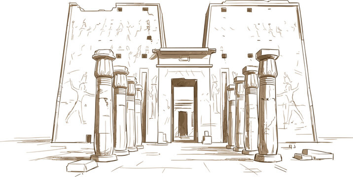 Ancient Egyptian temple facade vector sketch with columns hieroglyphics carvings stone ruins architecture from history heritage site