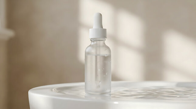 Close-up of a minimalist glass dropper bottle on a white ceramic surface, set against a blurred, neutral-toned bathroom background.