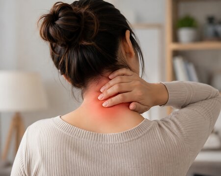 Woman suffering from severe neck pain while sitting at home touching her sore neck with red highlight area