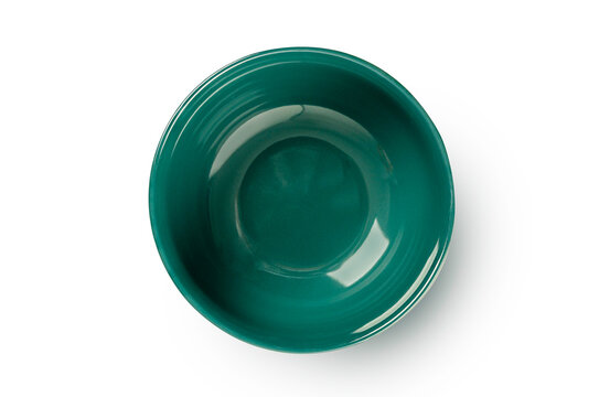 Top View of Empty Dark Green Ceramic Bowl Isolated on White background. kitchenware and food styling.