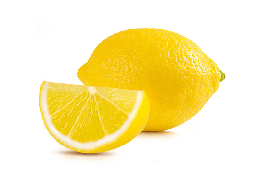 Fresh Yellow Lemon with Juicy Slice Isolated on White. healthy drinks, cooking ingredients, and natural vitamin C themes.