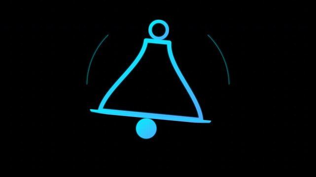 Neon blue notification bells ringing with sound waves isolated on transparent background